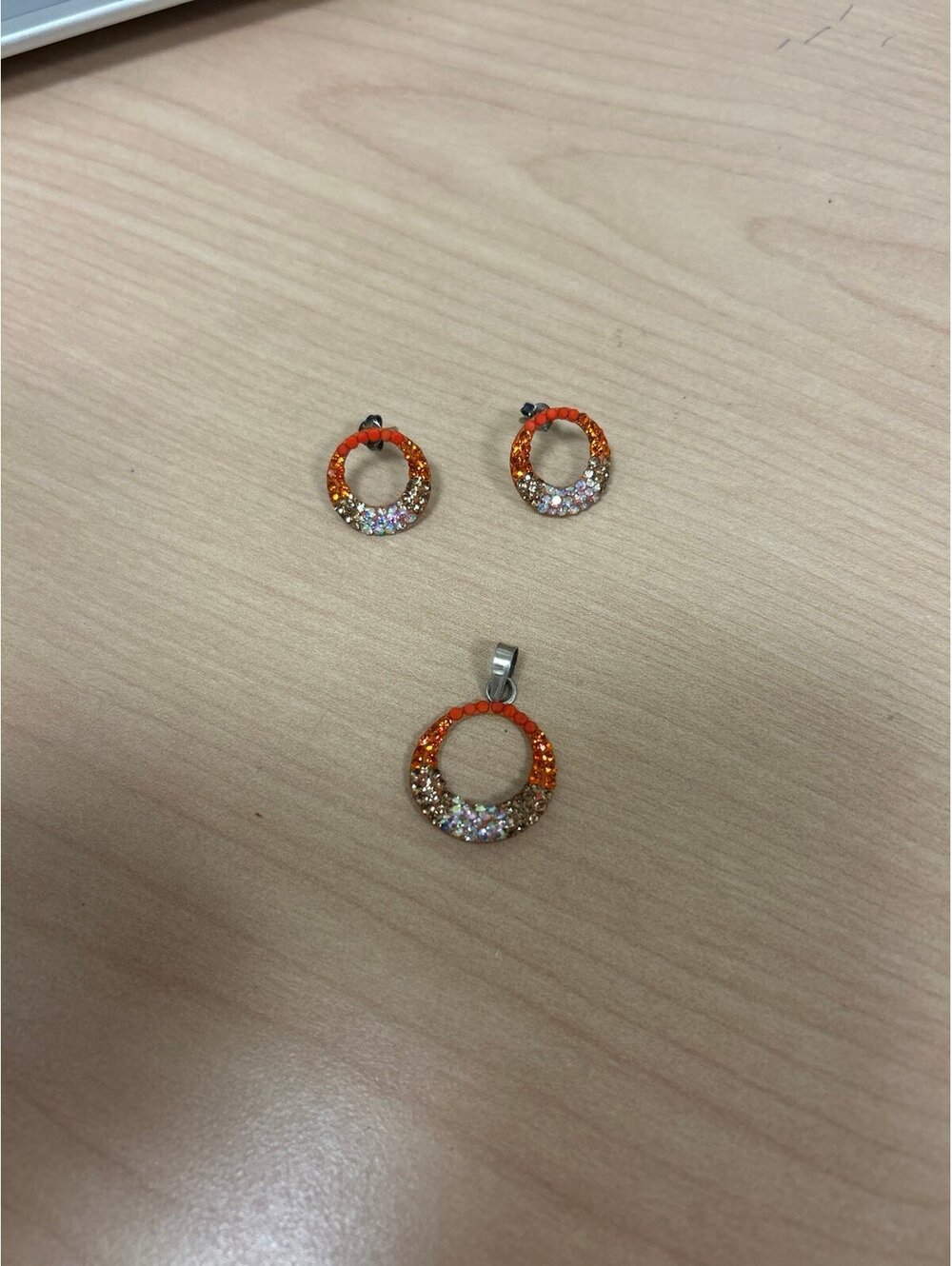 Ombré Pave Orange, Brown and White Sparkling Pendant and Earrings Set